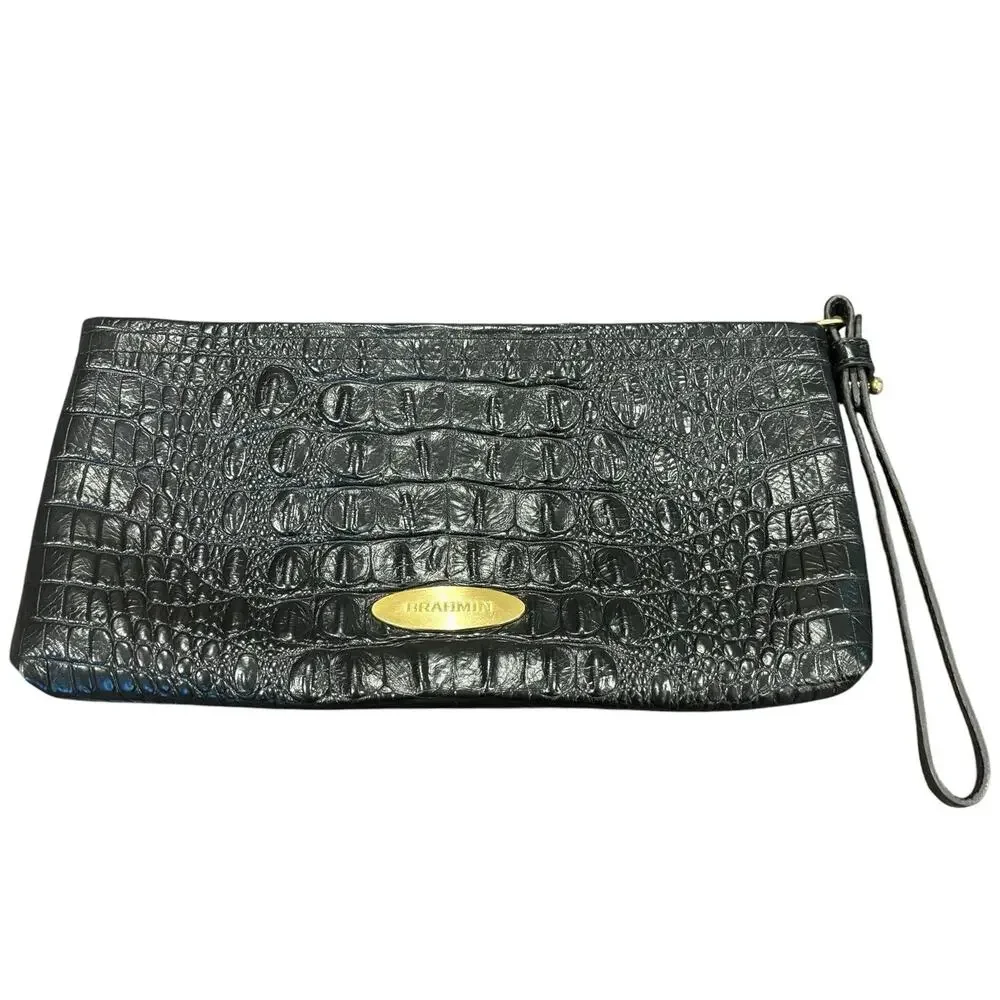 Brahmin Rosalyn Black Melbourne Croc Embossed Leather Clutch Removable Wristlet